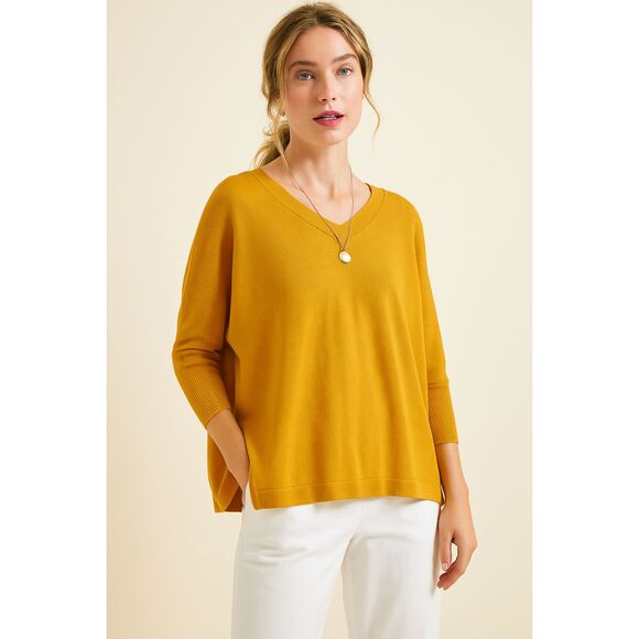 Garnet Hill Mustard Yellow Color 100% Linen Oversize V-Neck Sweater, Sz L - Picture 1 of 10